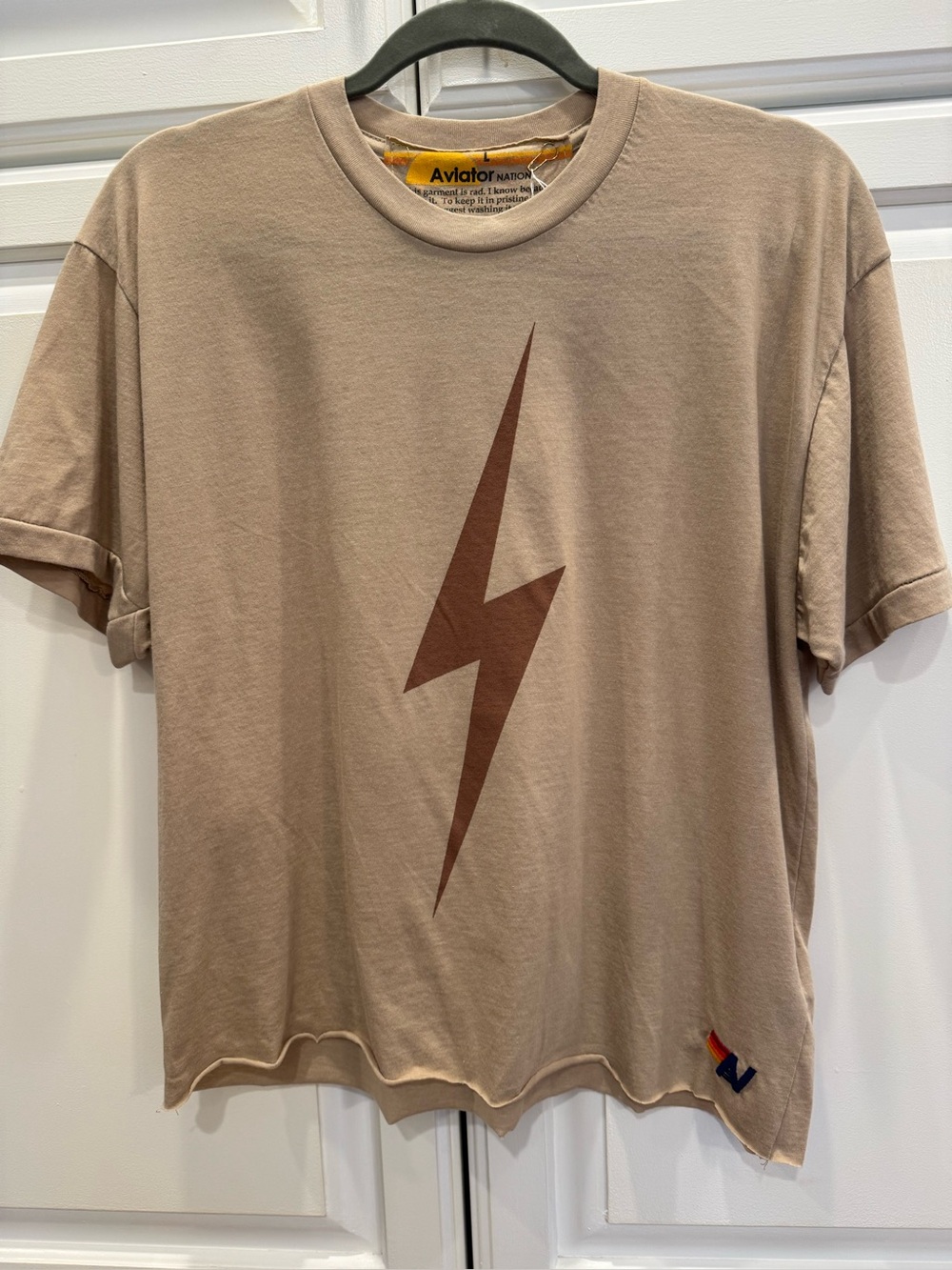 Aviator Nation Taupe Short Sleeve Tee with Brown Lightning Bolt